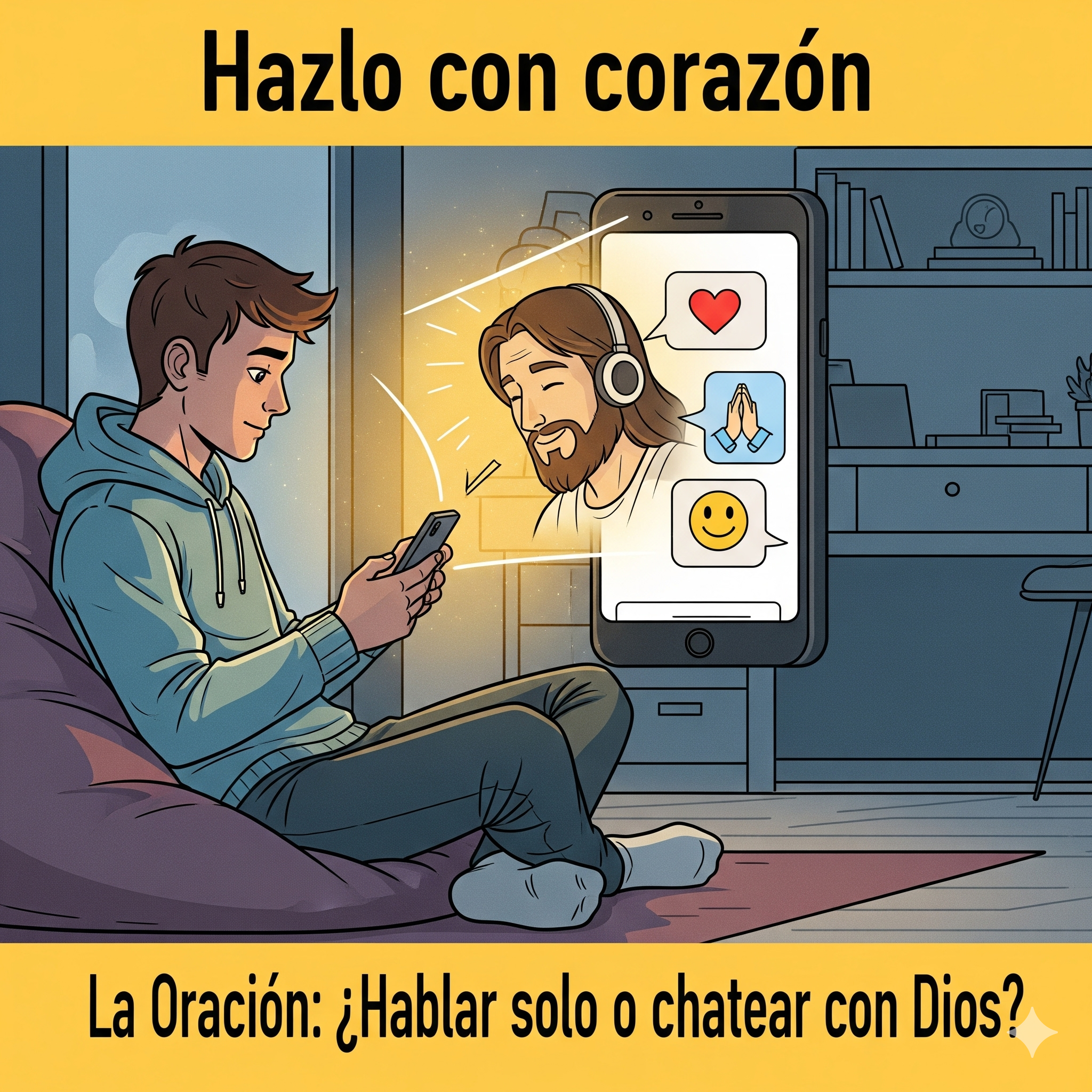 Ilustración para la portada de un episodio de podcast al estilo cómic moderno, con líneas de contorno negras y claras, y colores vivos. La escena muestra a un joven sentado cómodamente en su habitación, mirando un smartphone. En la pantalla del móvil se ve una interfaz de chat, pero en lugar de texto, hay iconos sencillos: un corazón, unas manos en oración y una cara sonriente. Del teléfono emana una luz cálida y dorada, y en esa luz se dibuja la silueta amistosa de Jesús, sonriendo y escuchando atentamente. La atmósfera es íntima, moderna y pacífica. En la parte superior, el título del podcast "Hazlo con corazón", y en la inferior, el título del episodio: "La Oración: ¿Hablar solo o chatear con Dios?".