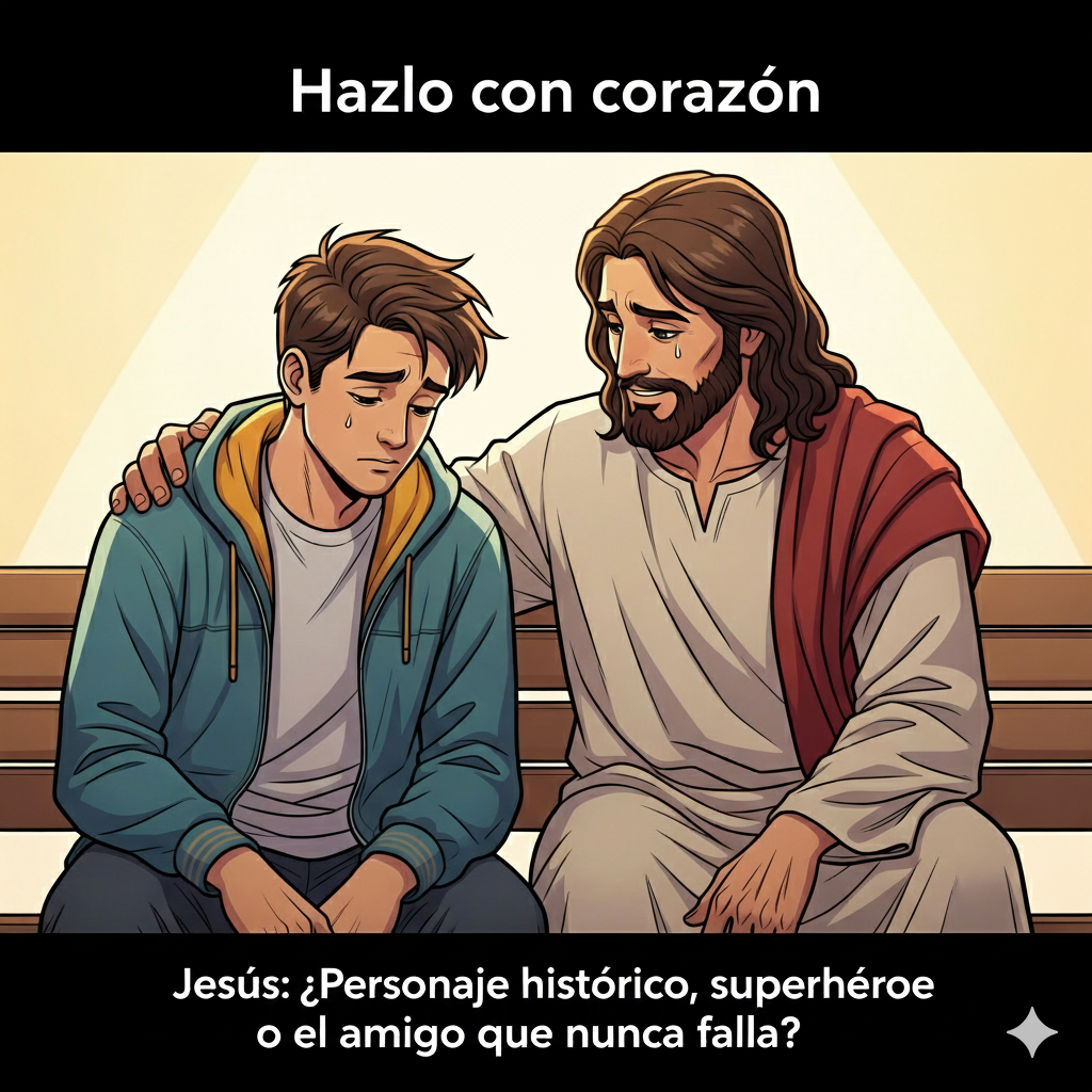 Ilustración para la portada de un episodio de podcast al estilo cómic moderno, con líneas de contorno negras y claras, y colores vivos. La escena muestra a Jesús, con un aspecto cercano y humano, sentado junto a un joven de aspecto actual que está triste. Jesús tiene una mano en el hombro del joven y su rostro muestra una profunda empatía y consuelo, quizás con una lágrima en su propio ojo. La escena no debe ser oscura, sino transmitir una sensación de compañía y esperanza en un momento difícil. En la parte superior, el título del podcast "Hazlo con corazón", y en la inferior, el título del episodio: "Jesús: ¿Personaje histórico, superhéroe o el amigo que nunca falla?".