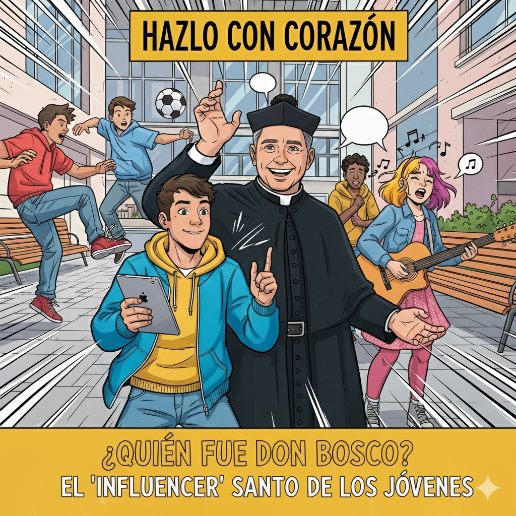 Ilustración para la portada de un episodio de podcast al estilo cómic moderno, con líneas de contorno negras y claras, y colores vivos. La escena muestra a Don Bosco en el centro, con una gran sonrisa y rodeado de jóvenes de aspecto actual en un patio. La escena es muy dinámica: un joven le enseña algo en una tablet, otra chica toca una guitarra, dos chicos juegan con un balón de fútbol al fondo. Don Bosco interactúa con ellos, lleno de energía y alegría. El ambiente es vibrante y ruidoso. En la parte superior, el título del podcast "Hazlo con corazón", y en la inferior, el título del episodio: "¿Quién fue Don Bosco? El ‘influencer’ santo de los jóvenes".