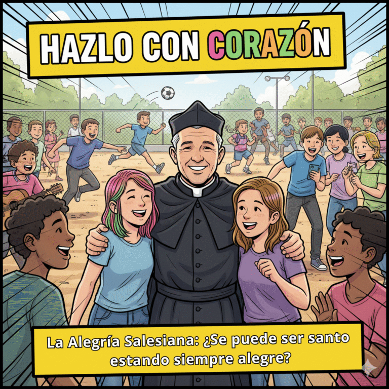 Ilustración para la portada de un episodio de podcast al estilo cómic moderno, con líneas de contorno negras y claras, y colores vivos. En un patio salesiano soleado y lleno de vida, Don Bosco, con una gran sonrisa y aspecto cercano, está en el centro rodeado por un grupo diverso de jóvenes (chicos y chicas de diferentes etnias) que ríen y juegan. Unos juegan al fútbol, otros charlan animadamente. La escena debe transmitir una explosión de alegría, movimiento y fraternidad. El ambiente es vibrante y lleno de energía positiva. En la parte superior, el título del podcast "Hazlo con corazón", y en la inferior, el título del episodio: "La Alegría Salesiana: ¿Se puede ser santo estando siempre alegre?"