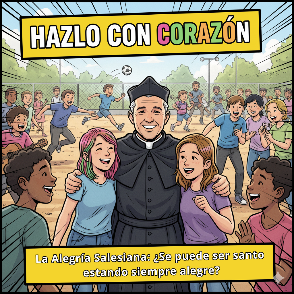 Ilustración para la portada de un episodio de podcast al estilo cómic moderno, con líneas de contorno negras y claras, y colores vivos. En un patio salesiano soleado y lleno de vida, Don Bosco, con una gran sonrisa y aspecto cercano, está en el centro rodeado por un grupo diverso de jóvenes (chicos y chicas de diferentes etnias) que ríen y juegan. Unos juegan al fútbol, otros charlan animadamente. La escena debe transmitir una explosión de alegría, movimiento y fraternidad. El ambiente es vibrante y lleno de energía positiva. En la parte superior, el título del podcast "Hazlo con corazón", y en la inferior, el título del episodio: "La Alegría Salesiana: ¿Se puede ser santo estando siempre alegre?"