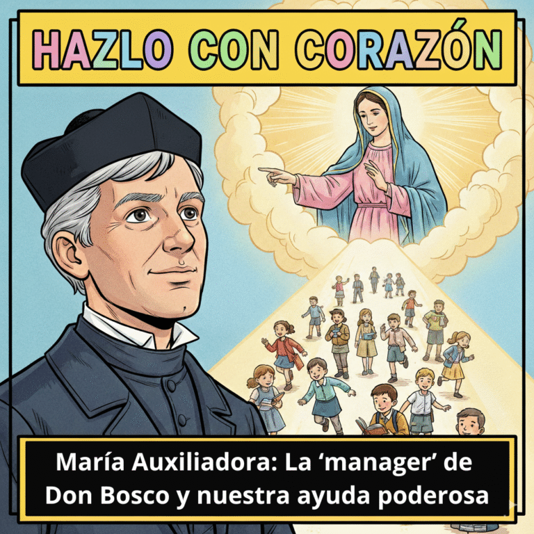Ilustración para la portada de un episodio de podcast al estilo cómic moderno, con líneas de contorno negras y claras, y colores vivos. La escena muestra a Don Bosco de joven, mirando hacia arriba con expresión de confianza. Sobre él, de forma semi-transparente o como en una nube, aparece la figura de María Auxiliadora, sonriente y protectora. Con una mano, María señala un camino luminoso que se abre ante Don Bosco, y en ese camino se ven siluetas de muchos jóvenes jugando y estudiando. La imagen transmite la idea de guía y protección maternal. En la parte superior, el título del podcast "Hazlo con corazón", y en la inferior, el título del episodio: "María Auxiliadora: La ‘manager’ de Don Bosco y nuestra ayuda poderosa"