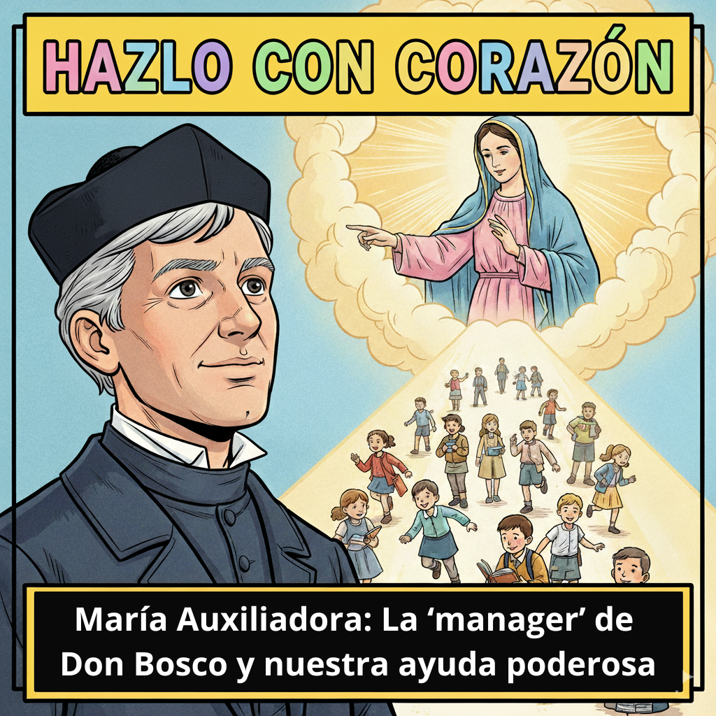 Ilustración para la portada de un episodio de podcast al estilo cómic moderno, con líneas de contorno negras y claras, y colores vivos. La escena muestra a Don Bosco de joven, mirando hacia arriba con expresión de confianza. Sobre él, de forma semi-transparente o como en una nube, aparece la figura de María Auxiliadora, sonriente y protectora. Con una mano, María señala un camino luminoso que se abre ante Don Bosco, y en ese camino se ven siluetas de muchos jóvenes jugando y estudiando. La imagen transmite la idea de guía y protección maternal. En la parte superior, el título del podcast "Hazlo con corazón", y en la inferior, el título del episodio: "María Auxiliadora: La ‘manager’ de Don Bosco y nuestra ayuda poderosa"