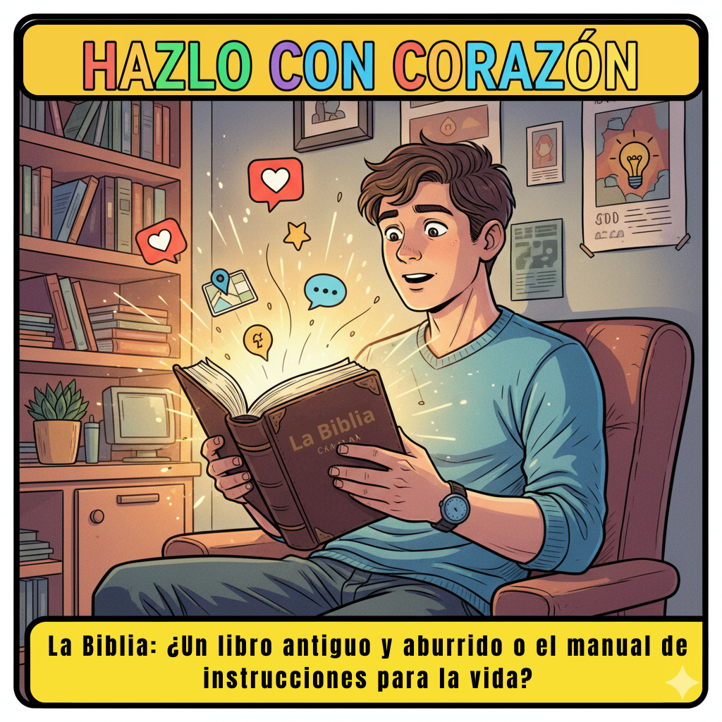 Ilustración para la portada de un episodio de podcast al estilo cómic moderno. Un joven está sentado en su habitación, de aspecto actual. Tiene en sus manos una Biblia antigua y abierta. De las páginas del libro emana una luz brillante y salen flotando iconos modernos como un corazón de 'like', un icono de mapa GPS, un bocadillo de chat y una bombilla de idea, todos conectados por líneas de luz que apuntan hacia el joven, que mira asombrado. En la parte superior, el título del podcast "Hazlo con corazón", y en la inferior, el título del episodio: "La Biblia: ¿Un libro antiguo y aburrido o el manual de instrucciones para la vida?".