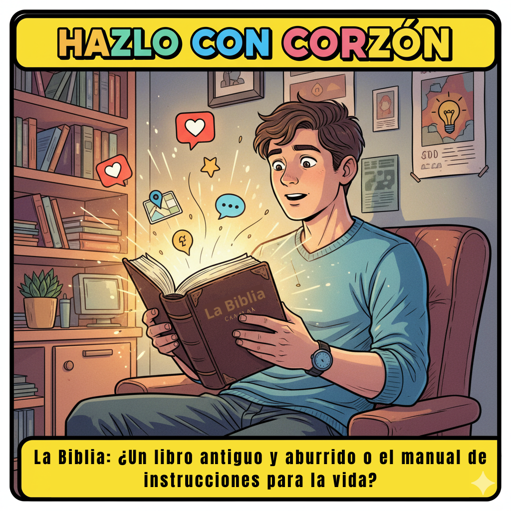 Ilustración para la portada de un episodio de podcast al estilo cómic moderno. Un joven está sentado en su habitación, de aspecto actual. Tiene en sus manos una Biblia antigua y abierta. De las páginas del libro emana una luz brillante y salen flotando iconos modernos como un corazón de 'like', un icono de mapa GPS, un bocadillo de chat y una bombilla de idea, todos conectados por líneas de luz que apuntan hacia el joven, que mira asombrado. En la parte superior, el título del podcast "Hazlo con corazón", y en la inferior, el título del episodio: "La Biblia: ¿Un libro antiguo y aburrido o el manual de instrucciones para la vida?".