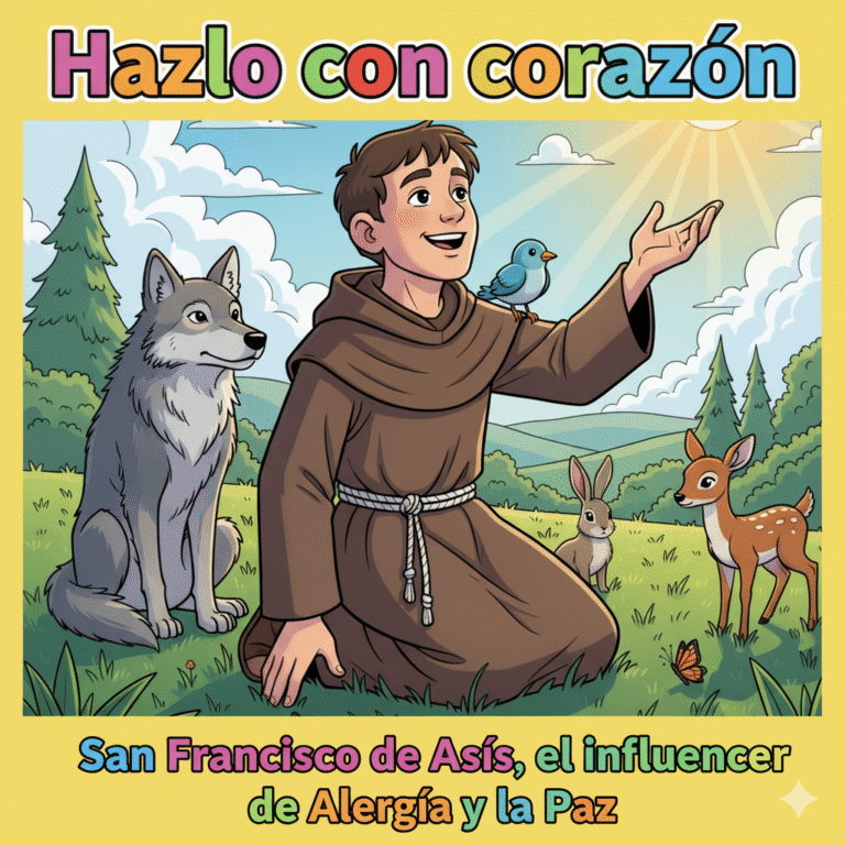 Ilustración para la portada de un episodio de podcast al estilo cómic moderno, con líneas de contorno negras y claras, y colores vivos. La escena muestra a San Francisco de Asís, joven, con un hábito sencillo y una gran sonrisa. Está arrodillado en un campo verde, con una mano en el suelo y la otra levantada hacia un sol radiante. A su alrededor hay animales (un lobo sentado tranquilamente a su lado, un pájaro posado en su hombro) que lo miran con confianza. La imagen debe transmitir una sensación de paz, alegría y conexión total con la naturaleza.En la parte superior, el título del podcast "Hazlo con corazón", y en la inferior, el título del episodio: "San Francisco de Asís, el influencer de la Alegría y la Paz"