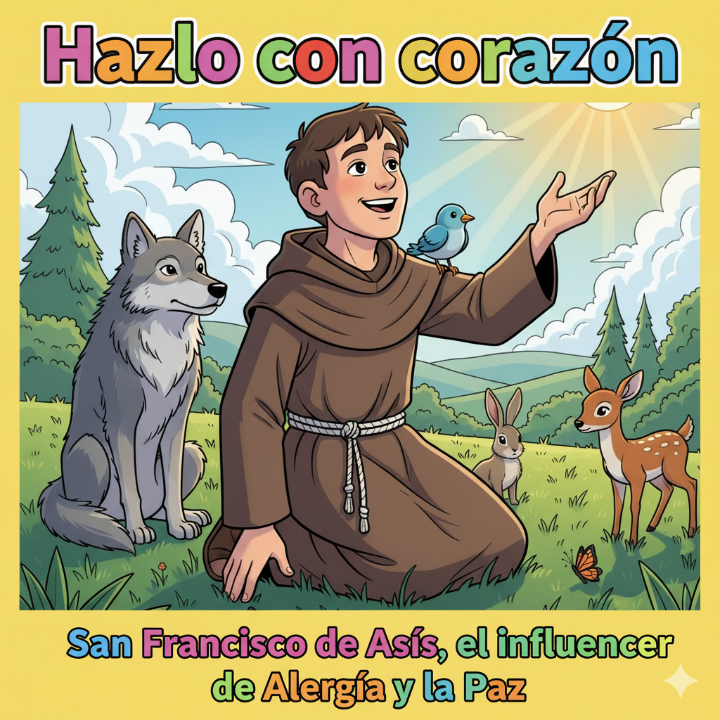Ilustración para la portada de un episodio de podcast al estilo cómic moderno, con líneas de contorno negras y claras, y colores vivos. La escena muestra a San Francisco de Asís, joven, con un hábito sencillo y una gran sonrisa. Está arrodillado en un campo verde, con una mano en el suelo y la otra levantada hacia un sol radiante. A su alrededor hay animales (un lobo sentado tranquilamente a su lado, un pájaro posado en su hombro) que lo miran con confianza. La imagen debe transmitir una sensación de paz, alegría y conexión total con la naturaleza.En la parte superior, el título del podcast "Hazlo con corazón", y en la inferior, el título del episodio: "San Francisco de Asís, el influencer de la Alegría y la Paz"