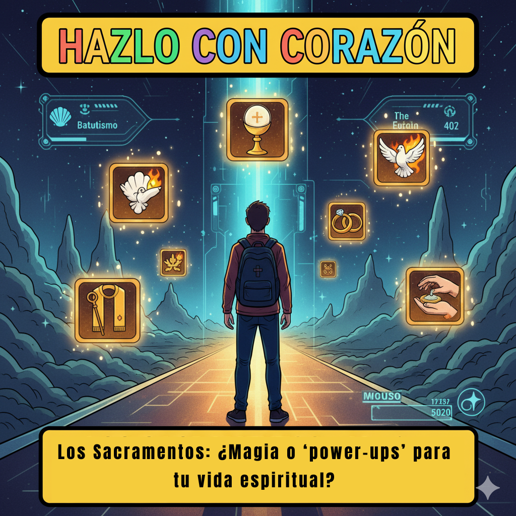 Ilustración para la portada de un episodio de podcast al estilo cómic moderno. La silueta de un joven o una joven de espaldas, mirando hacia un camino luminoso. A su alrededor flotan siete iconos brillantes de estilo videojuego. Cada icono representa un sacramento: una concha con agua (Bautismo), una paloma (Confirmación), una hostia y un cáliz (Eucaristía), dos manos entrelazadas (Confesión), dos anillos (Matrimonio), etc. La escena tiene una estética de interfaz de videojuego. En la parte superior, el título del podcast "Hazlo con corazón", y en la inferior, el título del episodio: "Los Sacramentos: ¿Magia o ‘power-ups’ para tu vida espiritual?".