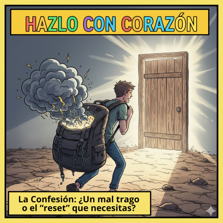 Ilustración para la portada de un episodio de podcast al estilo cómic moderno. Se ve a un joven de espaldas, cabizbajo, arrastrando una mochila muy pesada y oscura de la que salen cadenas y nubes de tormenta. Delante de él hay una puerta de madera sencilla pero de la que emana una luz blanca y cálida muy potente. La escena representa el antes y el después: la carga del pecado y la liberación del perdón. En la parte superior, el título del podcast "Hazlo con corazón", y en la inferior, el título del episodio: "La Confesión: ¿Un mal trago o el ‘reset’ que necesitas?".