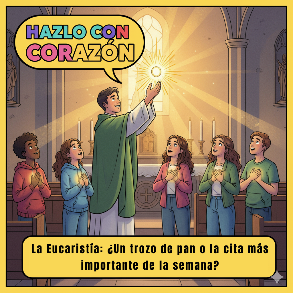 Ilustración para la portada de un episodio de podcast al estilo cómic moderno. Un sacerdote eleva una Hostia en el altar. La Hostia brilla con una luz dorada muy intensa que ilumina toda la escena. En el banco, un grupo de jóvenes de aspecto actual mira la Hostia con asombro y devoción. De la Hostia salen unos rayos de luz suaves que tocan el corazón de cada uno de los jóvenes. La atmósfera es de reverencia, misterio y profundo amor. En la parte superior, el título del podcast "Hazlo con corazón", y en la inferior, el título del episodio: "La Eucaristía: ¿Un trozo de pan o la cita más importante de la semana?".