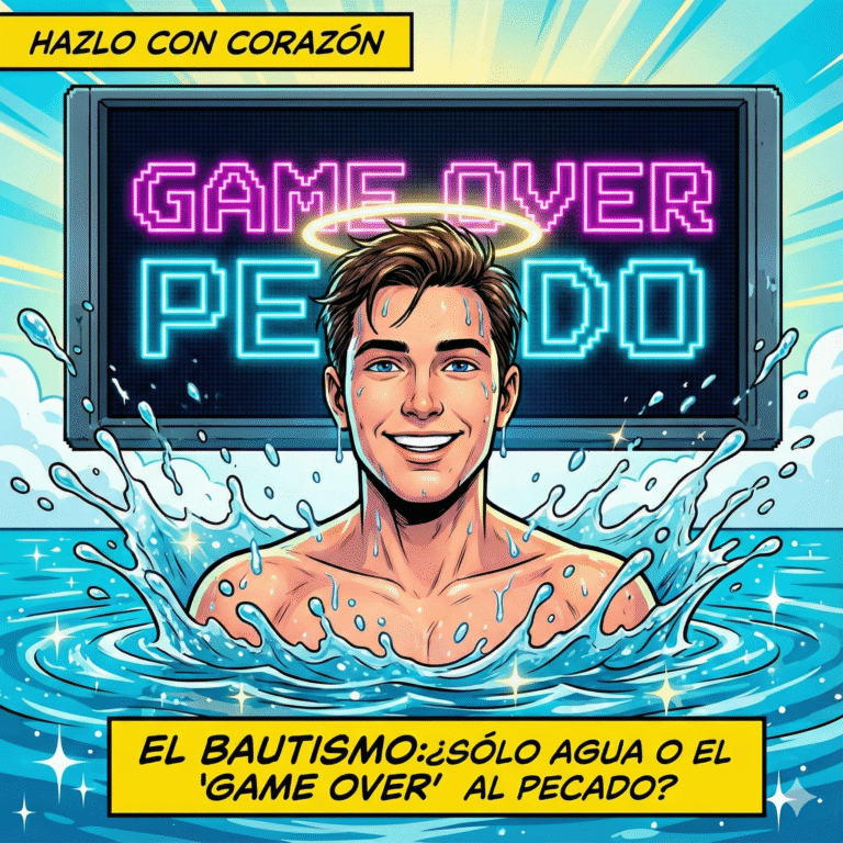 Ilustración para la portada de un episodio de podcast al estilo cómic moderno, con líneas de contorno negras y claras, y colores vivos. En primer plano, un joven sonriente sale del agua (como emergiendo de una piscina o un río), con el pelo mojado y gotas de agua brillantes congeladas en el aire alrededor. Sobre su cabeza, una luz dorada intensa forma una corona o un halo sutil. Al fondo, en estilo pixel-art o gráfico de videojuego, se ve una pantalla que dice "GAME OVER PECADO" en letras neón. La imagen transmite frescura, energía y renovación. En la parte superior, el título del podcast "Hazlo con corazón", y en la inferior, el título del episodio: "El Bautismo: ¿Sólo agua o el 'Game Over' al pecado?".