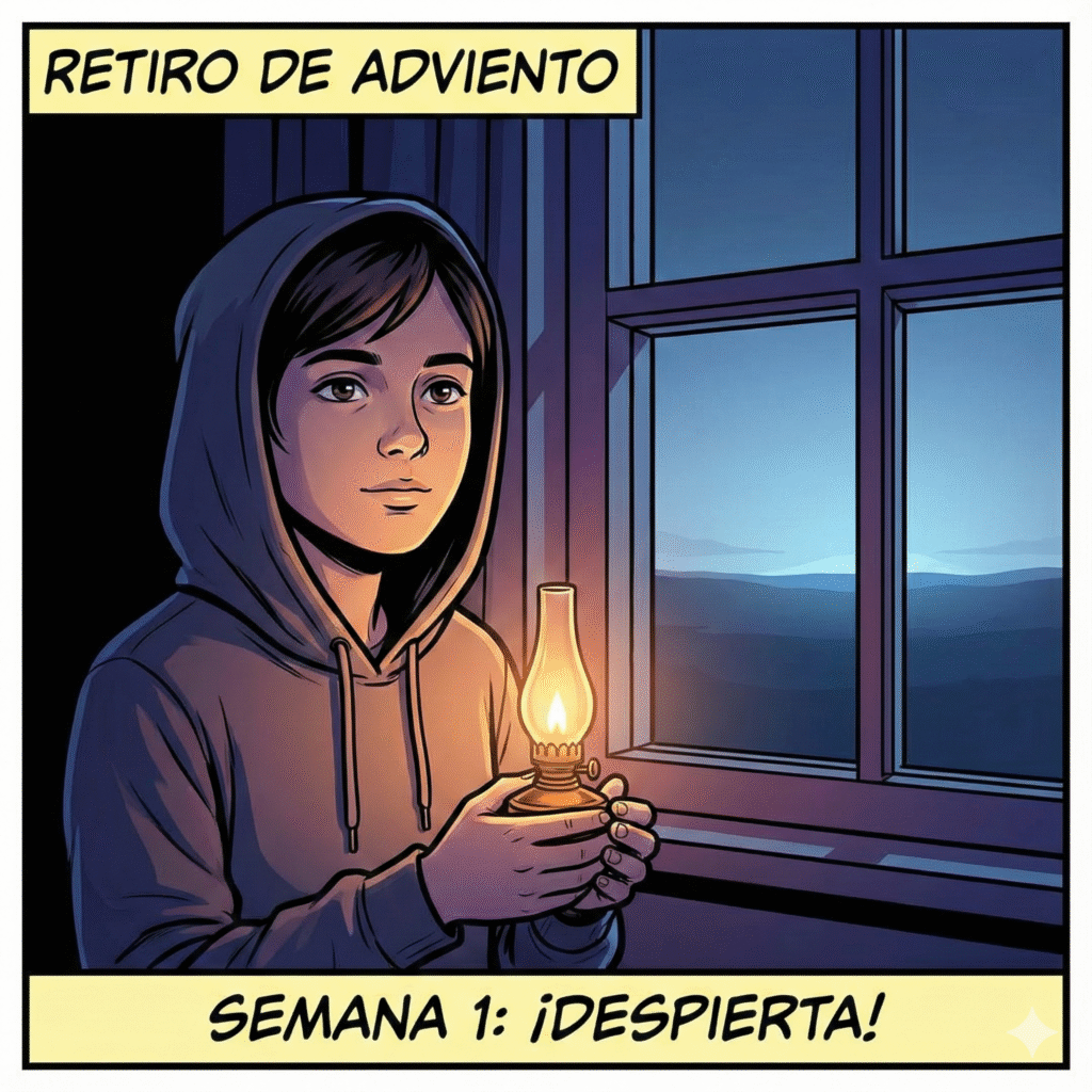Ilustración estilo cómic moderno, con líneas negras claras y colores vivos pero con una atmósfera nocturna/amanecer. Primer plano de un joven (chico o chica) en una habitación en penumbra, mirando por la ventana. Sostiene una pequeña lámpara de aceite o una vela encendida que ilumina su rostro con calidez (símbolo de estar en vela). Por la ventana entra un primer rayo de luz azulada muy sutil, indicando que el amanecer está cerca pero aún no ha llegado. La expresión es de espera atenta y serena, no de miedo. Texto arriba: "Retiro de Adviento". Texto abajo: "Semana 1: ¡Despierta!".