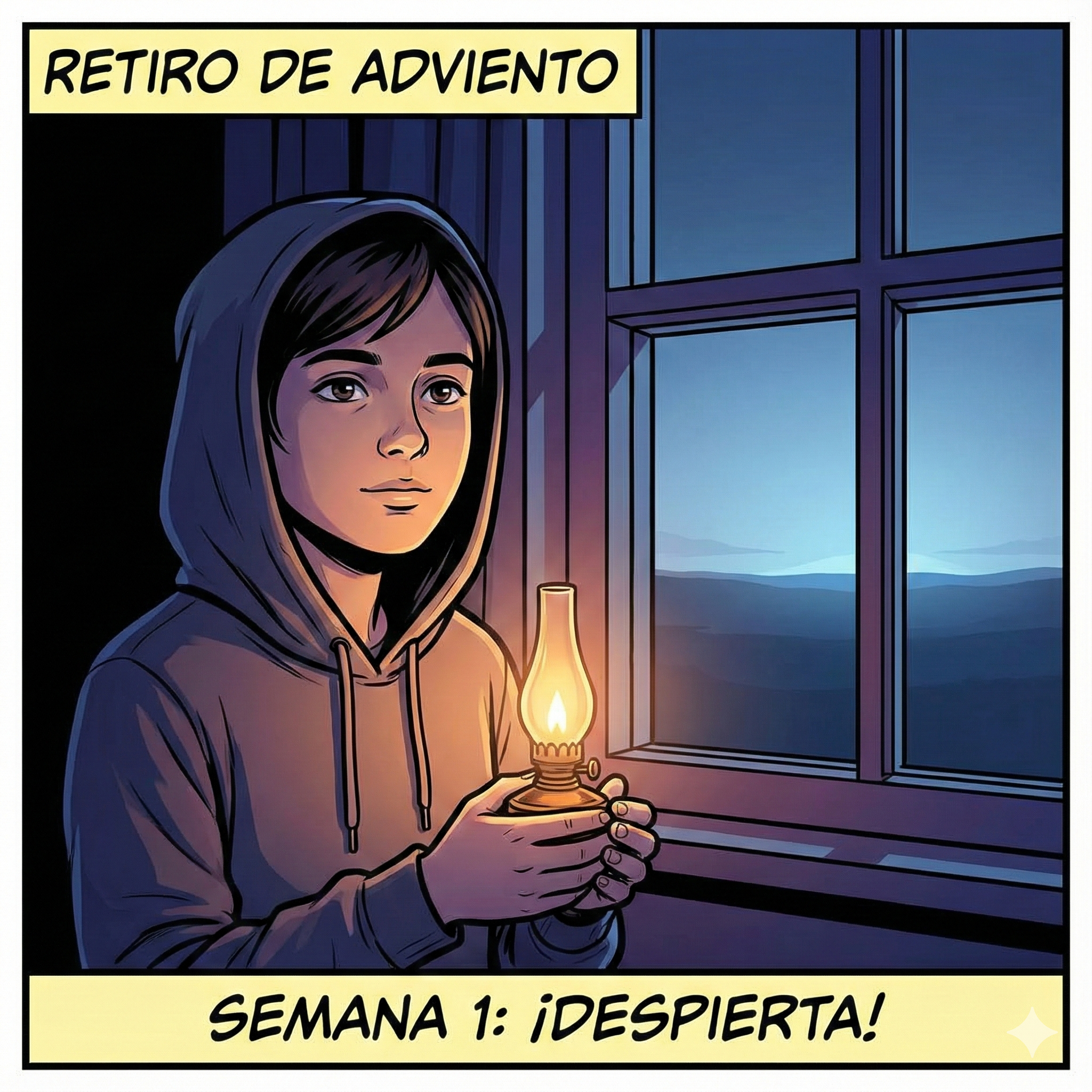 Ilustración estilo cómic moderno, con líneas negras claras y colores vivos pero con una atmósfera nocturna/amanecer. Primer plano de un joven (chico o chica) en una habitación en penumbra, mirando por la ventana. Sostiene una pequeña lámpara de aceite o una vela encendida que ilumina su rostro con calidez (símbolo de estar en vela). Por la ventana entra un primer rayo de luz azulada muy sutil, indicando que el amanecer está cerca pero aún no ha llegado. La expresión es de espera atenta y serena, no de miedo. Texto arriba: "Retiro de Adviento". Texto abajo: "Semana 1: ¡Despierta!".