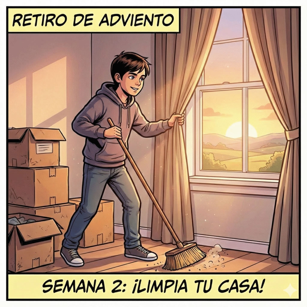  Ilustración estilo cómic moderno, líneas negras claras y colores vivos. El mismo joven de la semana pasada, ahora de pie en la misma habitación. Está activo: está "limpiando" o despejando el espacio (apartando cajas viejas, quitando polvo o abriendo cortinas), simbolizando la conversión y quitar lo que estorba. La luz que entra por la ventana es ahora más fuerte, una luz de mañana limpia y blanca que ilumina los rincones antes oscuros. En una pared o estantería, se ve un pequeño cuadro o imagen sencilla de la Virgen Inmaculada, como un detalle sutil. Su expresión es de determinación y trabajo alegre. Texto arriba: "Retiro de Adviento". Texto abajo: "Semana 2: ¡Prepara el camino!".
