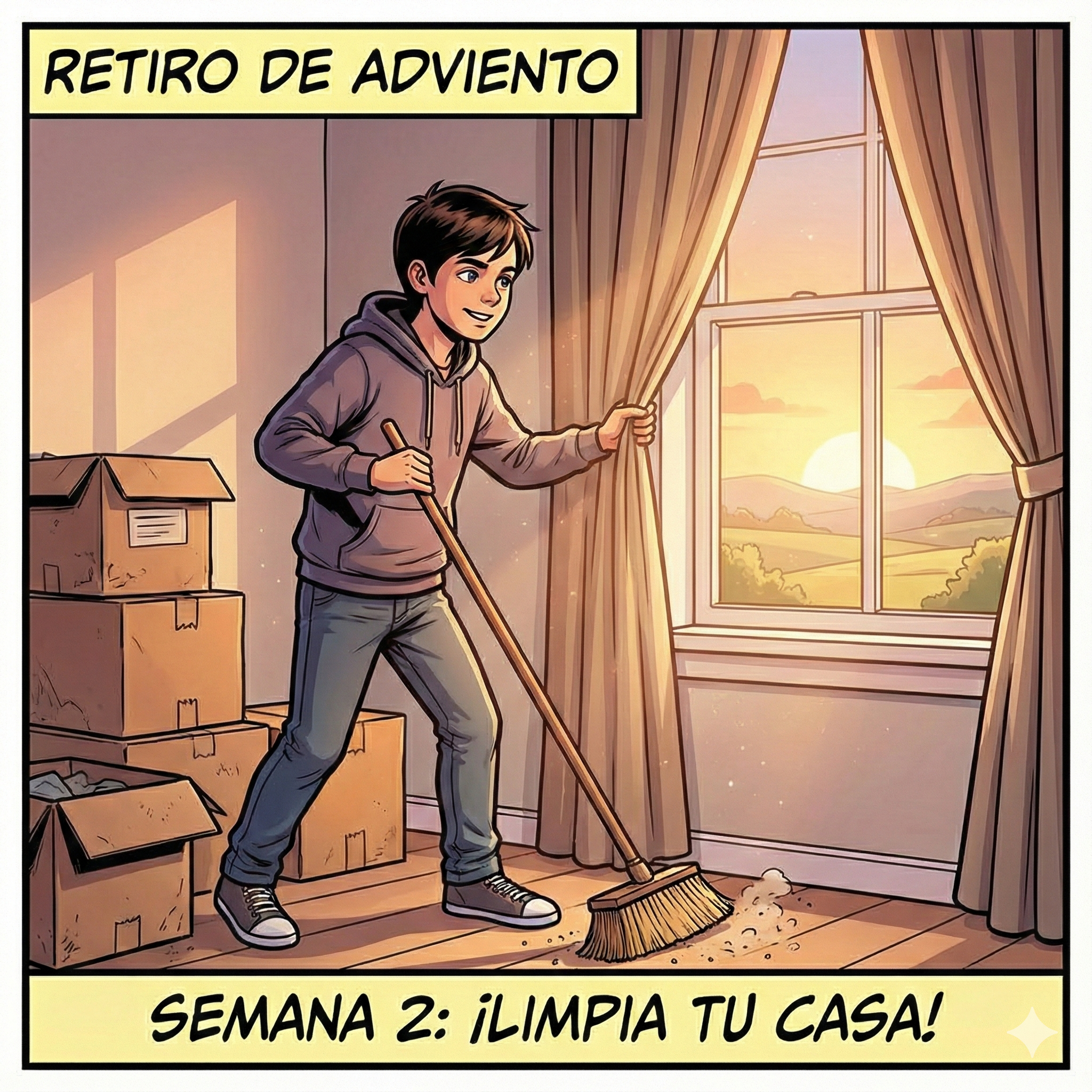Ilustración estilo cómic moderno, líneas negras claras y colores vivos. El mismo joven de la semana pasada, ahora de pie en la misma habitación. Está activo: está "limpiando" o despejando el espacio (apartando cajas viejas, quitando polvo o abriendo cortinas), simbolizando la conversión y quitar lo que estorba. La luz que entra por la ventana es ahora más fuerte, una luz de mañana limpia y blanca que ilumina los rincones antes oscuros. En una pared o estantería, se ve un pequeño cuadro o imagen sencilla de la Virgen Inmaculada, como un detalle sutil. Su expresión es de determinación y trabajo alegre. Texto arriba: "Retiro de Adviento". Texto abajo: "Semana 2: ¡Prepara el camino!".
