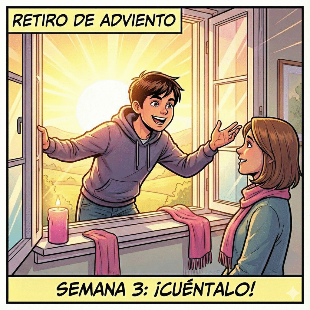 Ilustración estilo cómic moderno. El mismo joven de las semanas anteriores ha abierto la ventana de su habitación de par en par. La escena está inundada de una luz cálida y brillante (como de mediodía solar) que entra a raudales. El joven se asoma hacia afuera con una gran sonrisa, haciendo un gesto con la mano como si estuviera llamando a alguien o contando una buena noticia a la gente de la calle. En el alféizar de la ventana hay una vela de color ROSA encendida (detalle del domingo Gaudete). La atmósfera vibra con energía positiva y vitalidad. Texto arriba: "Retiro de Adviento". Texto abajo: "Semana 3: ¡Alégrate y cuéntalo!".