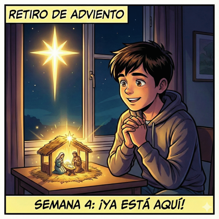 Ilustración estilo cómic moderno. Escena nocturna de nuevo en la misma habitación del joven, pero ahora el ambiente es mágico y acogedor. No hay lámparas eléctricas encendidas. Toda la luz, dorada, cálida y sobrenatural, proviene de un pequeño Belén o Nacimiento que el joven ha montado sobre la mesa (o de una gran estrella que brilla justo fuera del cristal, iluminando el Belén). El joven está sentado en el suelo o en una silla, en silencio absoluto, mirando esa luz con fascinación, paz y una sonrisa suave. Tiene las manos juntas o en el pecho. La luz ilumina su rostro destacando la esperanza cumplida. Texto arriba: "Retiro de Adviento". Texto abajo: "Semana 4: ¡Ya está aquí!".