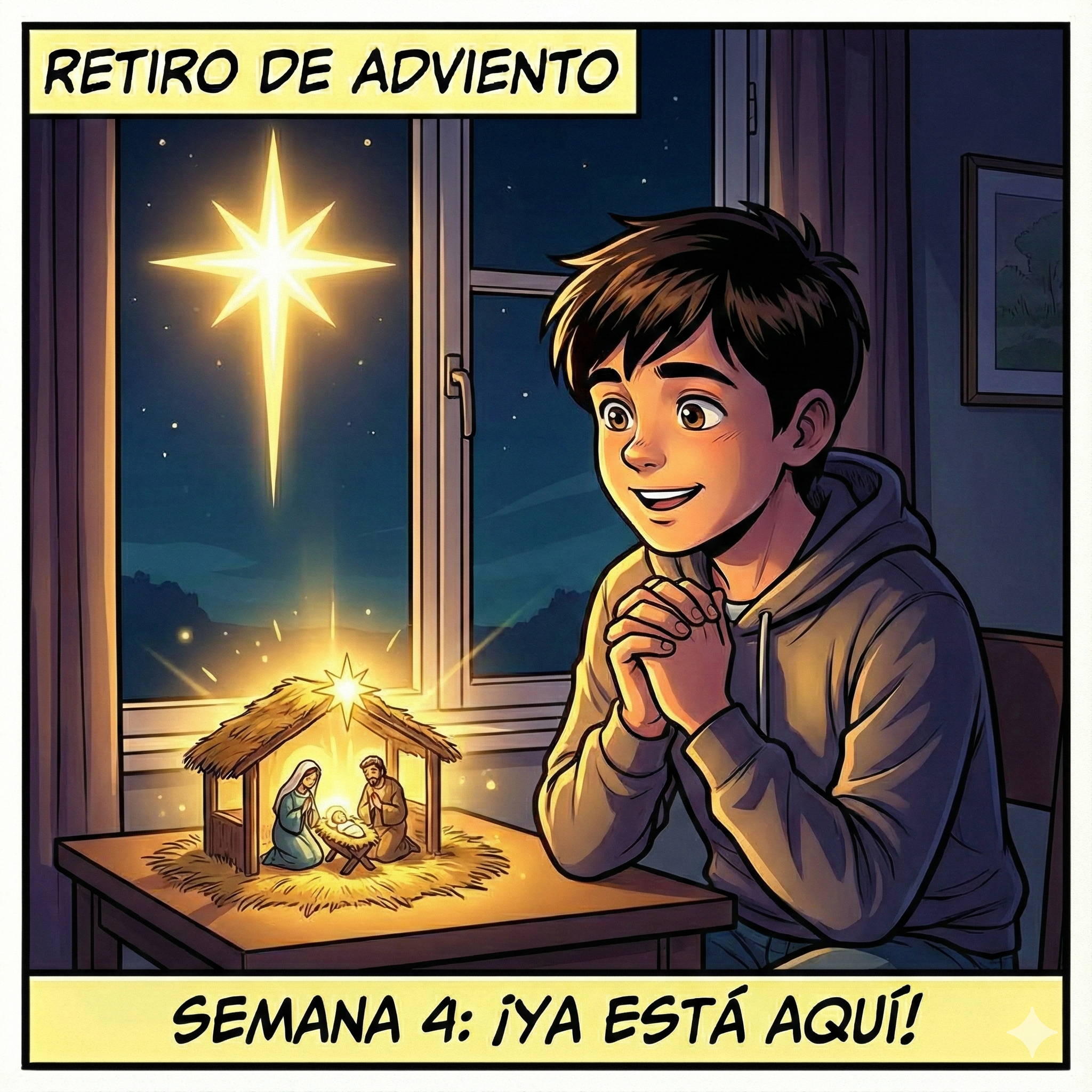 Ilustración estilo cómic moderno. Escena nocturna de nuevo en la misma habitación del joven, pero ahora el ambiente es mágico y acogedor. No hay lámparas eléctricas encendidas. Toda la luz, dorada, cálida y sobrenatural, proviene de un pequeño Belén o Nacimiento que el joven ha montado sobre la mesa (o de una gran estrella que brilla justo fuera del cristal, iluminando el Belén). El joven está sentado en el suelo o en una silla, en silencio absoluto, mirando esa luz con fascinación, paz y una sonrisa suave. Tiene las manos juntas o en el pecho. La luz ilumina su rostro destacando la esperanza cumplida. Texto arriba: "Retiro de Adviento". Texto abajo: "Semana 4: ¡Ya está aquí!".