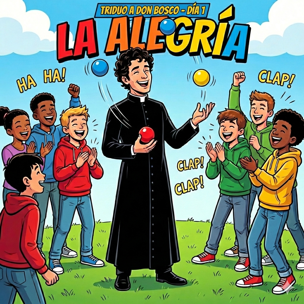 Ilustración estilo cómic moderno, línea negra clara y colores vivos. Un sacerdote italiano joven del siglo XIX (pelo rizado oscuro, sotana negra) haciendo malabares con bolas de colores en un prado verde, riendo con niños modernos. Texto: En la parte superior, integrado en el diseño, dos líneas de texto estilo cómic: Título grande: "LA ALEGRÍA" Subtítulo más pequeño justo encima o debajo: "TRIDUO DON BOSCO - DÍA 1"