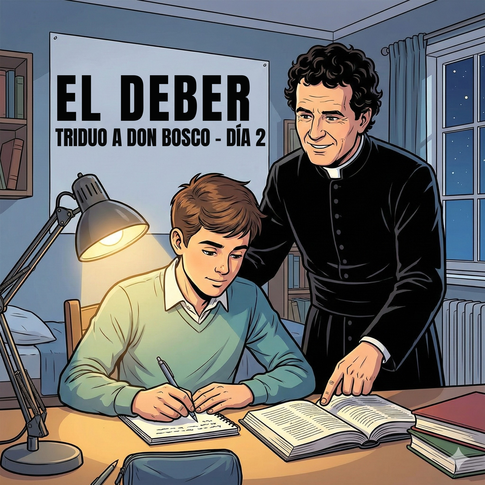 Ilustración estilo cómic moderno, línea negra clara. Plano medio de un estudiante joven concentrado en su escritorio con un flexo. Detrás de él, un sacerdote italiano del siglo XIX (pelo rizado, sotana) señalando un libro con aprobación, como un mentor. Texto: En la pared del fondo (como un póster) o flotando en el espacio negativo, dos líneas de texto claro: Título grande: "EL DEBER" Subtítulo más pequeño: "TRIDUO DON BOSCO - DÍA 2"