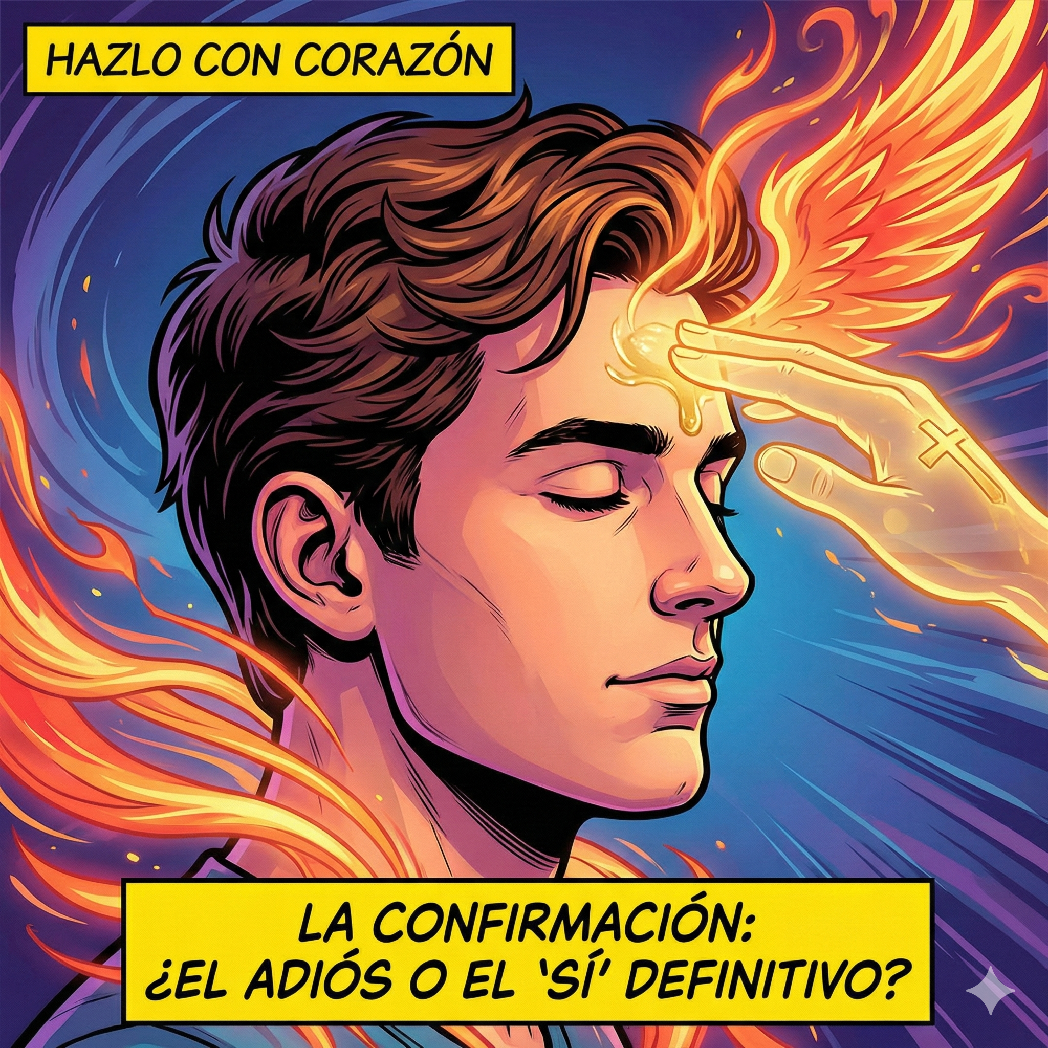 Ilustración estilo cómic moderno, líneas negras y colores vivos. Un primer plano de perfil de un joven con expresión serena y valiente, cerrando los ojos. Sobre su frente, una mano (sugerida, luminosa) traza una cruz con aceite. De ese punto de contacto emana una luz cálida en tonos rojos y naranjas (fuego) que envuelve al joven y se transforma en formas de viento o alas estilizadas detrás de él. Transmite fuerza interior, decisión y espiritualidad profunda. Texto arriba: "Hazlo con corazón". Texto abajo: "La Confirmación: ¿El adiós o el 'Sí' definitivo?".