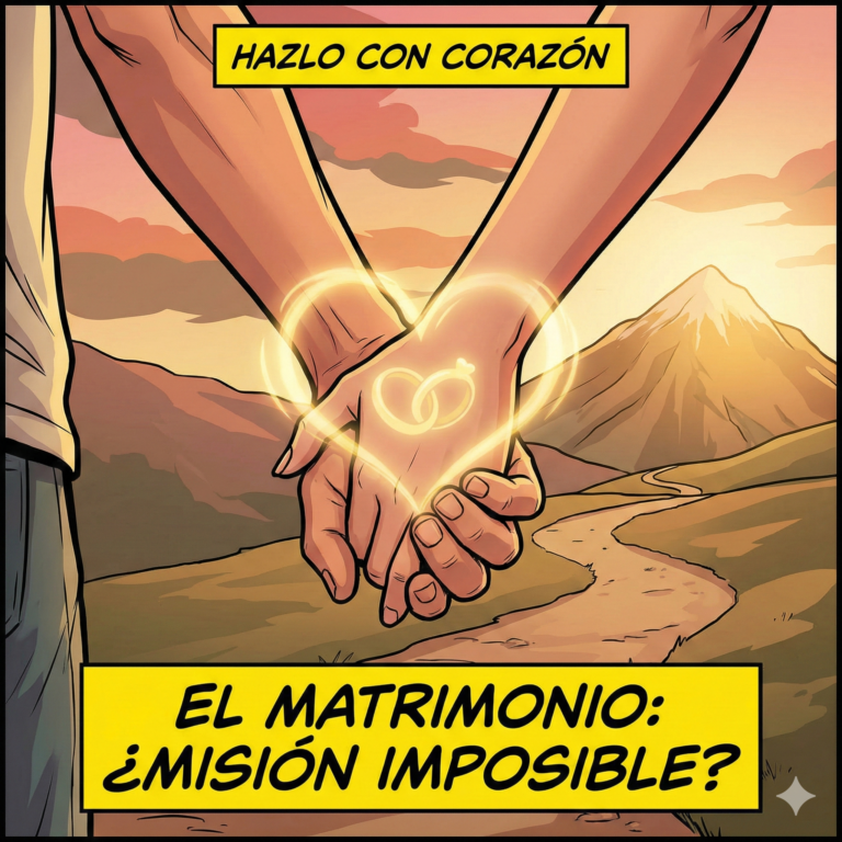 Ilustración estilo cómic moderno, líneas negras y colores vivos. Primer plano de dos manos entrelazadas con fuerza (una de chico y otra de chica). No se ven las caras, solo las manos y parte de los antebrazos. En la unión de las manos, brilla una luz cálida y dorada que forma sutilmente un corazón o unos anillos entrelazados. De fondo, un camino que sube hacia una montaña iluminada, simbolizando la aventura conjunta. Colores cálidos (naranjas, rosas, tierras). Texto arriba: "Hazlo con corazón". Texto abajo: "El Matrimonio: ¿Misión Imposible?".