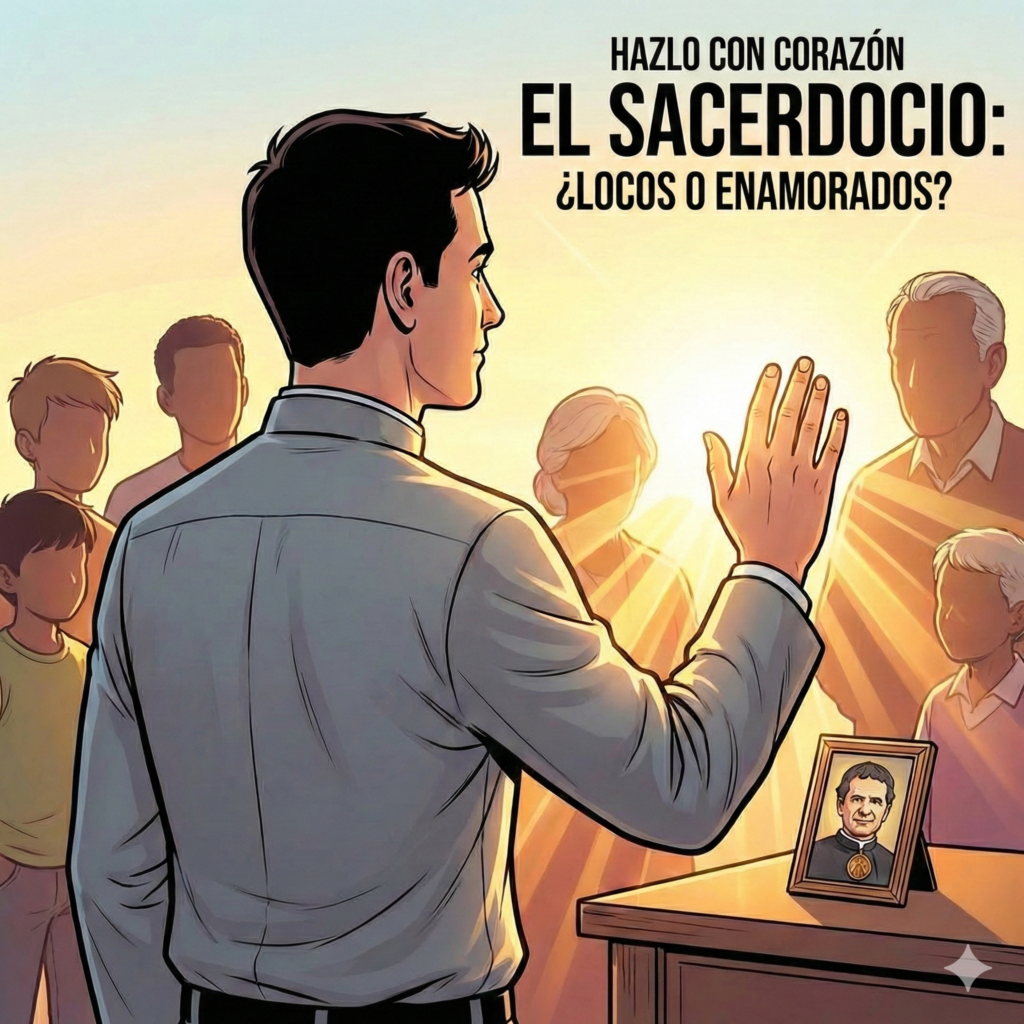  Ilustración estilo cómic moderno, líneas negras claras y colores vivos. Plano medio de un sacerdote joven de espaldas o de perfil, con camisa gris o sotana moderna, mirando hacia un horizonte luminoso. Una de sus manos está levantada haciendo el gesto de bendecir, y de esa mano sale una luz cálida dorada que toca a varias siluetas de personas (jóvenes, ancianos) que están a su alrededor.
Texto: Integrado en el diseño con tipografía moderna estilo cómic:
Texto Superior: "HAZLO CON CORAZÓN" (Nombre del Podcast).
Texto Central/Inferior: "EL SACERDOCIO: ¿LOCOS O ENAMORADOS?" (Título del episodio).