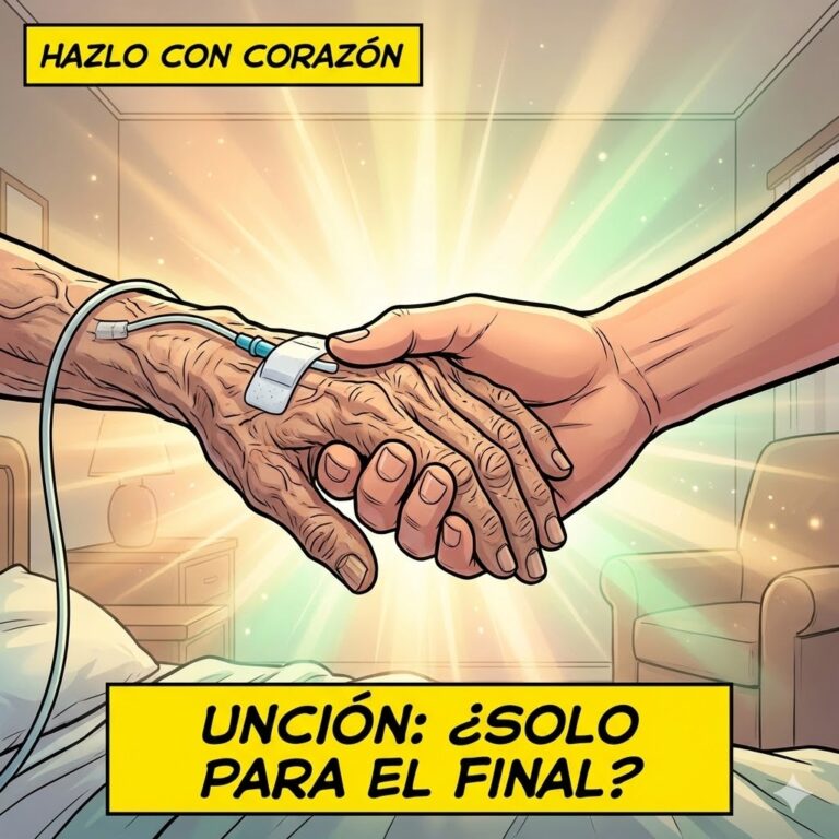 Ilustración estilo cómic moderno, línea negra clara y colores vivos. Primer plano de dos manos entrelazadas. Una mano es de una persona mayor o enferma (arrugada o con una vía) y la otra es una mano joven y fuerte que la sostiene con cariño. De la unión de las manos emana una luz cálida y sanadora (tonos dorados y verdes suaves). Texto: Superior: "HAZLO CON CORAZÓN" Inferior: "UNCIÓN: ¿SOLO PARA EL FINAL?"