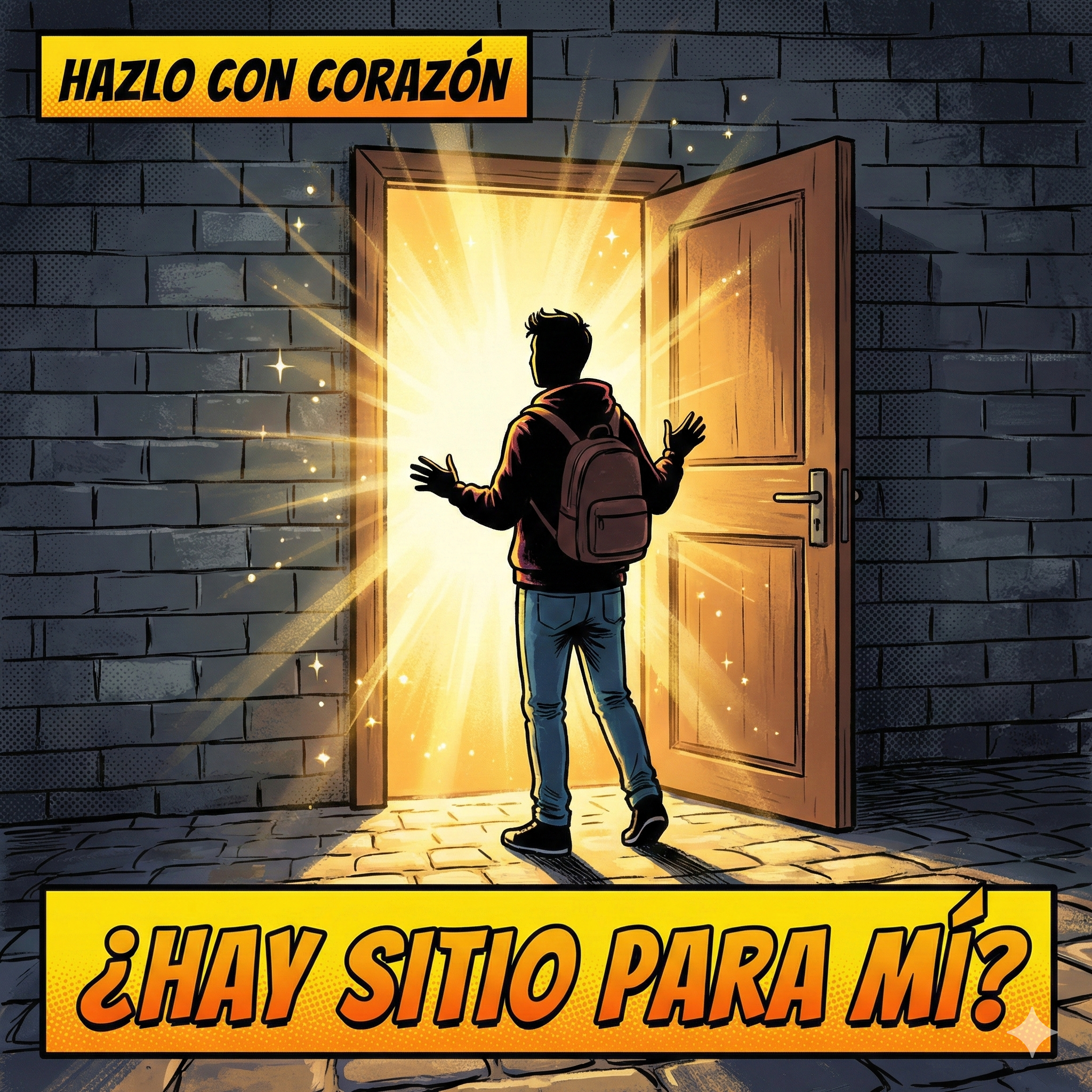 Ilustración estilo cómic moderno, líneas negras claras y colores vivos. Un muro de ladrillo gris oscuro con una puerta de madera sencilla abierta de par en par. Del interior sale una luz dorada muy cálida y brillante que inunda el suelo exterior y envuelve a una silueta humana (vestida con ropa de calle moderna) que está parada en el umbral. La postura de la silueta no es de miedo, sino de curiosidad y acogida. Texto: Superior: "HAZLO CON CORAZÓN" Inferior: "¿HAY SITIO PARA MÍ?"