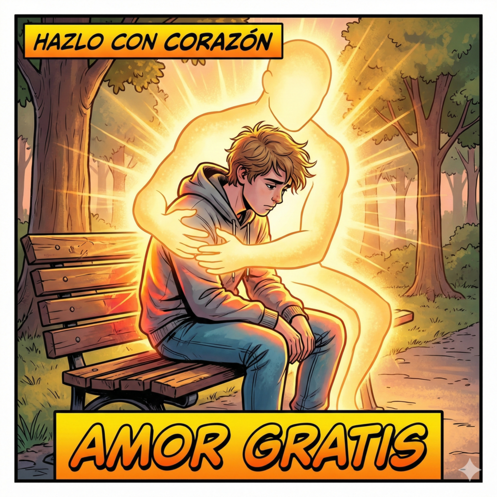 Ilustración estilo cómic moderno, líneas negras claras y colores vivos. Una persona joven vestida con ropa actual (vaqueros, sudadera gris) está sentada en un banco de un parque, mirando hacia abajo con gesto un poco triste o cansado. Detrás de ella, una figura luminosa enorme (sugerida, hecha de luz dorada cálida y brillante, no se ven rasgos físicos) la está abrazando por la espalda de forma protectora y tierna. La luz dorada envuelve a la persona y hace que la ropa gris empiece a tomar color. Texto:
Superior: "HAZLO CON CORAZÓN"
Inferior: "AMOR GRATIS"