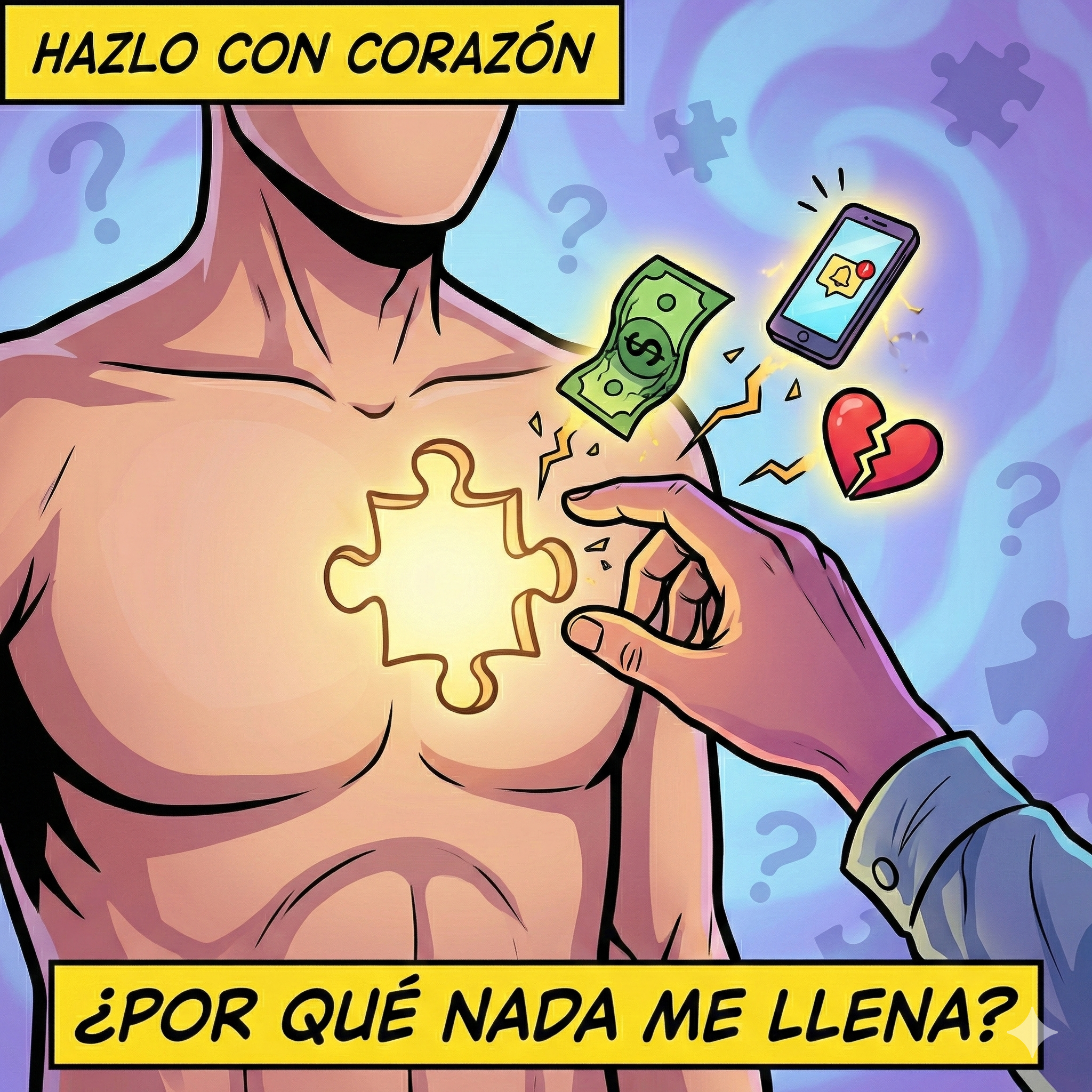 Ilustración estilo cómic moderno, líneas negras claras y colores vivos. Primer plano de un pecho humano estilizado (como una silueta o dibujo anatómico simple). En el centro del pecho hay un hueco o agujero con forma de pieza de puzzle brillante. Una mano intenta colocar en ese hueco piezas que NO encajan (símbolos pequeños de un billete, un móvil, un corazón roto). El fondo es de un color suave, quizás azul o violeta, transmitiendo búsqueda y misterio. Texto: Superior: "HAZLO CON CORAZÓN" Inferior: "¿POR QUÉ NADA ME LLENA?"