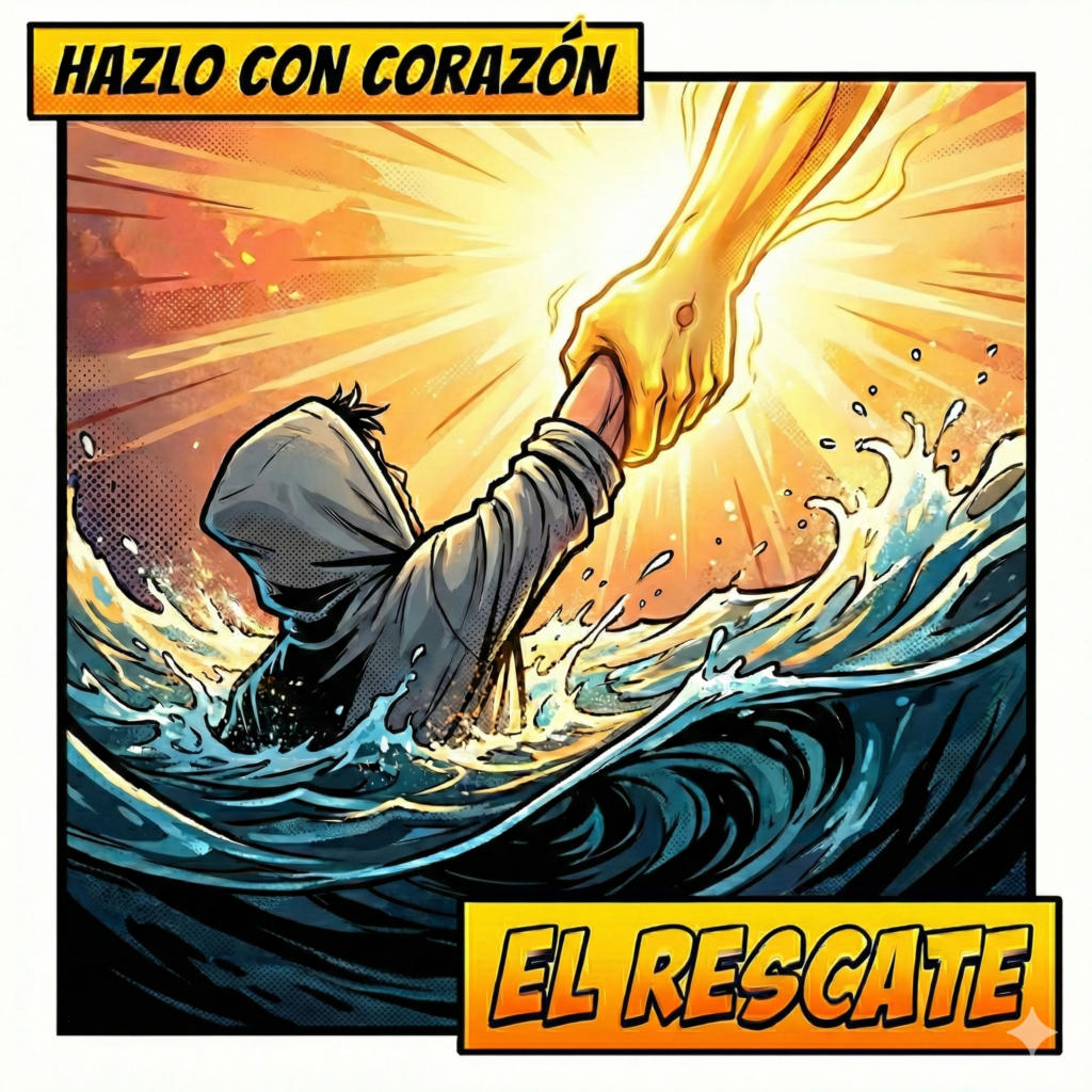 Ilustración estilo cómic moderno, línea negra clara y colores vivos. Una escena muy simbólica: una mano fuerte y luminosa (con una pequeña marca o cicatriz sutil en la muñeca) baja desde la parte superior de la imagen para agarrar firmemente la mano de una persona moderna (se ve la manga de una sudadera o chaqueta actual) que parece estar saliendo de una zona oscura o de agua profunda hacia la luz. Transmite fuerza, rescate y un amor inmenso, sin ser lúgubre. Texto:
Superior: "HAZLO CON CORAZÓN"
Inferior: "EL RESCATE"