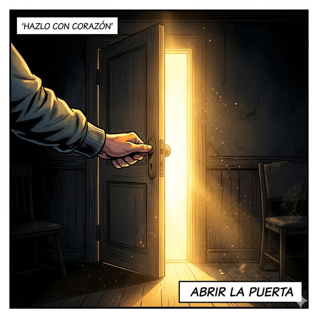 Ilustración estilo cómic moderno, con líneas negras claras y contornos definidos, colores vivos y brillantes. Vista desde el interior de una habitación oscura hacia una puerta que se está abriendo ligeramente. Una mano humana (desde el interior) está soltando el pestillo o agarrando el pomo para abrir. Por la rendija de la puerta entra un torrente de luz dorada y cálida muy potente que empieza a iluminar la oscuridad de la habitación. Transmite misterio, esperanza y decisión.
Texto:
Superior: "HAZLO CON CORAZÓN"
Inferior: "ABRIR LA PUERTA"
