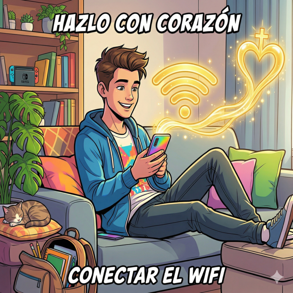 Ilustración estilo cómic moderno, con líneas negras claras, contornos definidos y colores vivos y brillantes. Plano medio de un chico joven sentado relajadamente en un sofá, sonriendo y sosteniendo su teléfono móvil como si estuviera grabando un mensaje de voz o mirando la pantalla. Del teléfono no sale la típica onda de sonido, sino que sale un símbolo de WiFi luminoso y dorado que se transforma suavemente en un corazón o una pequeña cruz en la parte superior. Transmite cotidianidad, alegría y conexión espiritual moderna.
Texto:
Superior: "HAZLO CON CORAZÓN"
Inferior: "CONECTAR EL WIFI"
