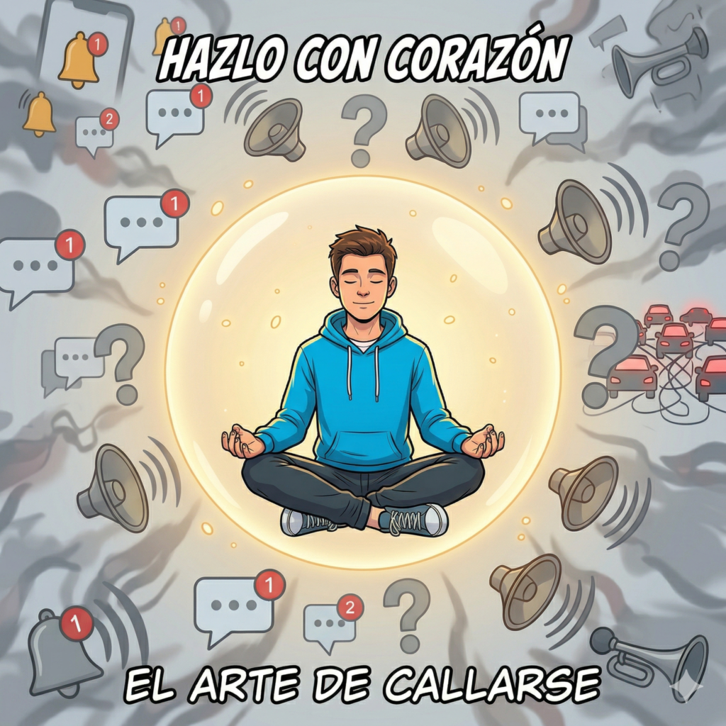 Ilustración estilo cómic moderno, con líneas negras claras, contornos definidos y colores vivos. Un joven está sentado con los ojos cerrados, en una postura de paz y relajación. A su alrededor (flotando pero difuminados o en colores grisáceos más apagados) hay símbolos de ruido y estrés: iconos de notificaciones de móvil, altavoces, símbolos de interrogación, tráfico. Sin embargo, justo sobre el joven hay un haz de luz dorada muy cálida que lo ilumina, creando una "burbuja" visual de silencio y calma en medio del caos.
Texto:
Superior: "HAZLO CON CORAZÓN"
Inferior: "EL ARTE DE CALLARSE"
