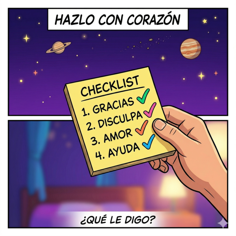 Ilustración estilo cómic moderno, con líneas negras claras, contornos definidos y colores vivos y brillantes. Primer plano de una mano joven sosteniendo una pequeña libreta de notas (tipo post-it) o un móvil con una "checklist" de 4 puntos con marcas de verificación (check marks) de colores alegres. El fondo tiene pequeñas estrellas y un tono azul oscuro o morado que sugiere la hora de dormir, pero muy luminoso y acogedor. Transmite organización, facilidad y paz. Texto: Superior: "HAZLO CON CORAZÓN" Inferior: "¿QUÉ LE DIGO?"