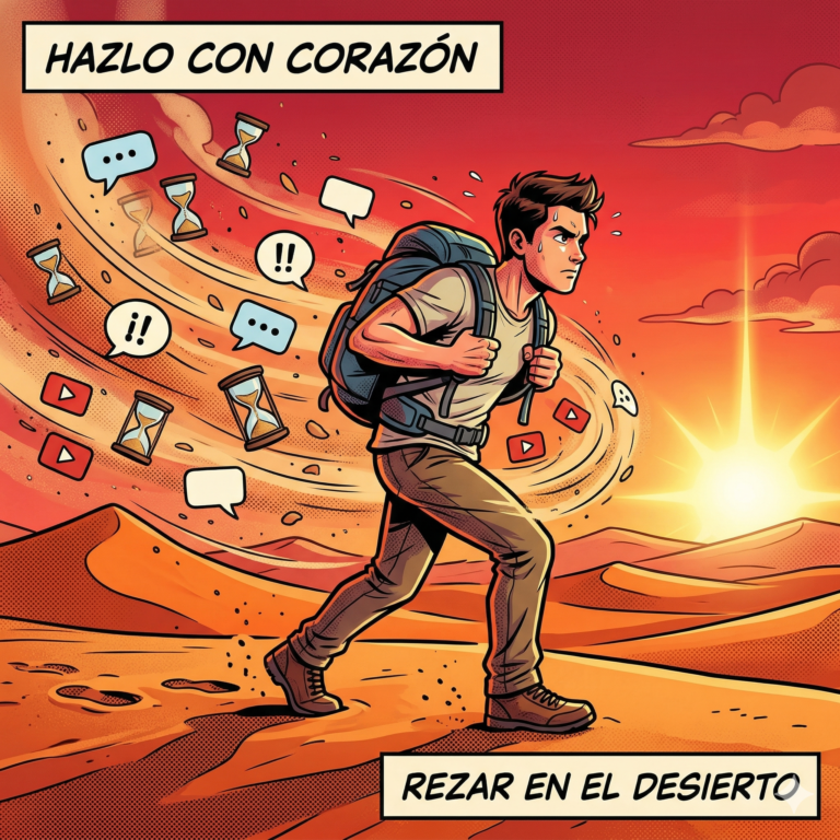 Ilustración estilo cómic moderno con contornos negros definidos y colores vivos. Un joven caminando con paso firme por un desierto árido (dunas naranjas y cielo rojizo). El viento sopla, creando una "tormenta de arena" que en realidad está formada por iconos de distracciones cotidianas volando caóticamente a su alrededor (bocadillos de chat, un reloj de arena, el símbolo de play de un vídeo). El joven no está sentado ni relajado, sino avanzando con esfuerzo, agarrando las tiras de su mochila, con la mirada fija hacia una estrella o luz cálida y brillante en el horizonte. Transmite perseverancia, camino y fidelidad. Relación de aspecto: Cuadrada 1:1. Texto: Superior: "HAZLO CON CORAZÓN" Inferior: "REZAR EN EL DESIERTO"