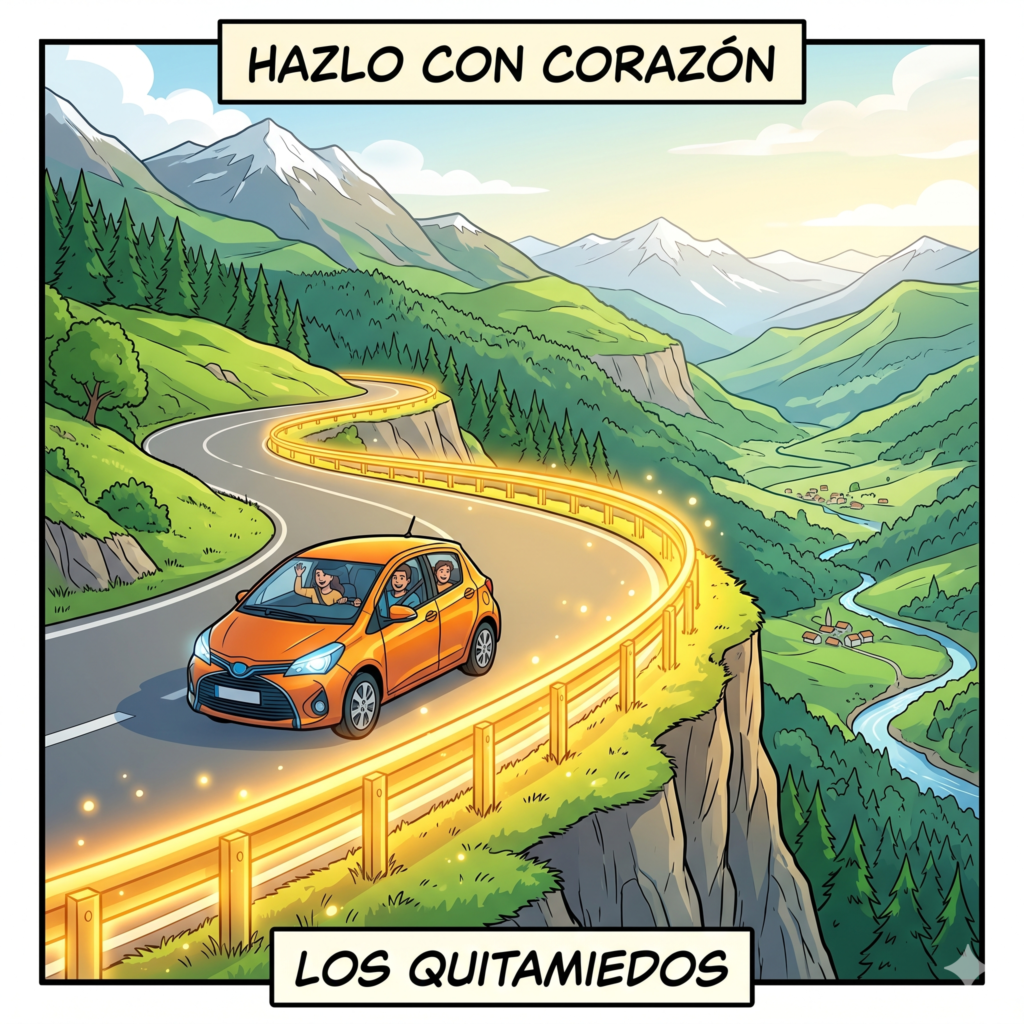 Ilustración estilo cómic moderno con contornos negros definidos y colores vivos y brillantes. Una carretera de montaña con curvas sinuosas que bordea un precipicio vertiginoso. En el borde de la carretera, hay una valla "quitamiedos" (guardarraíl) que brilla con una luz dorada y cálida muy potente, actuando como una barrera protectora segura. Un coche moderno y pequeño conduce felizmente por el lado seguro de la carretera, iluminado por la luz de la valla. El paisaje de fondo es hermoso, no aterrador. Transmite seguridad, cuidado y protección. Relación de aspecto: Cuadrada 1:1.
Texto:
Superior: "HAZLO CON CORAZÓN"
Inferior: "LOS QUITAMIEDOS"