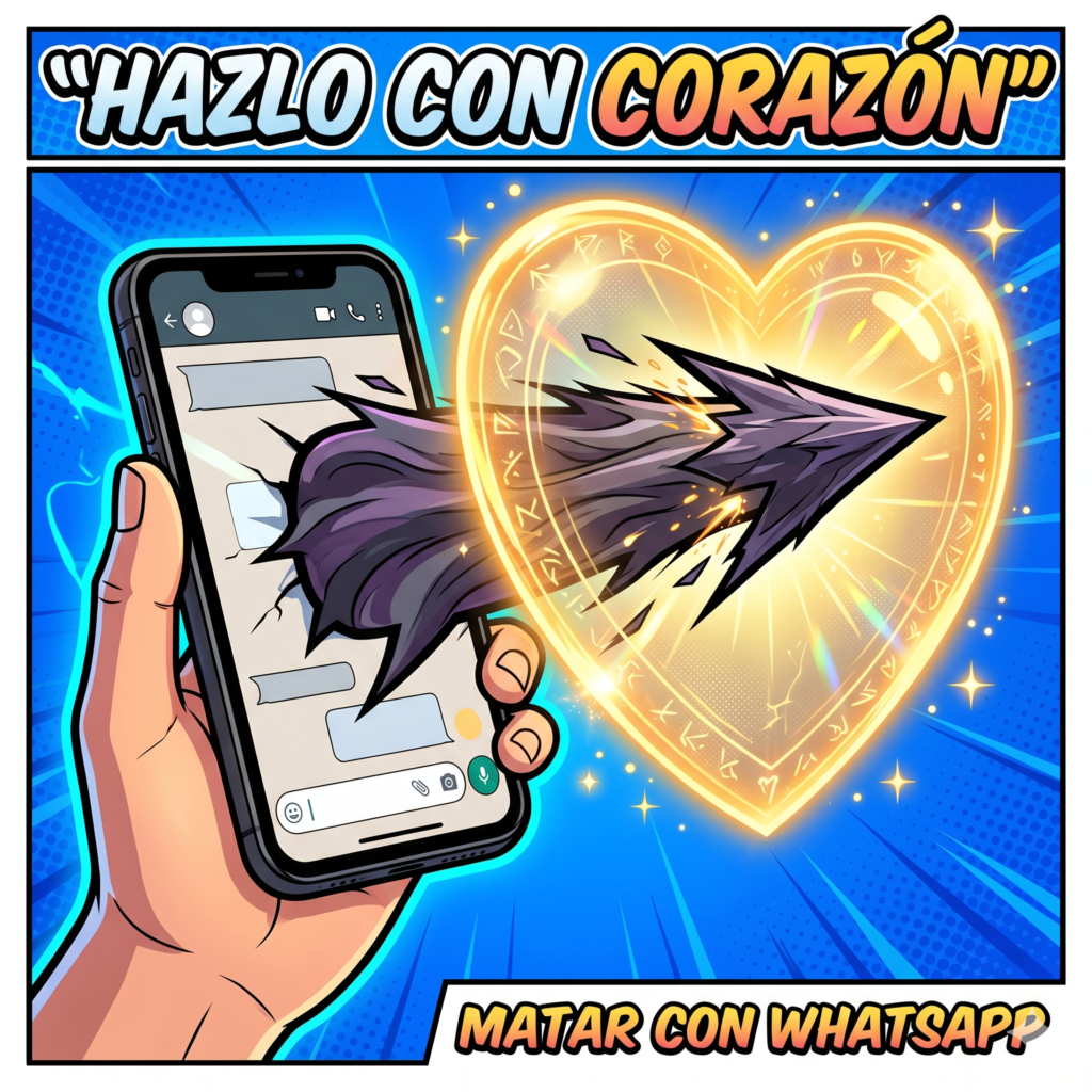 Ilustración estilo cómic moderno, con contornos negros claros, definidos y colores vivos y brillantes. Primer plano de un teléfono móvil (smartphone) en la mano de alguien. De la pantalla del móvil sale un "bocadillo de texto" de chat que tiene forma de proyectil o flecha oscura, afilada y rápida, dirigiéndose hacia fuera. Sin embargo, justo frente al proyectil, aparece un escudo protector brillante y translúcido de luz dorada con forma de corazón que bloquea el impacto. El fondo tiene un tono azul vibrante. Transmite la idea de protección frente al daño de las palabras digitales. Relación de aspecto: Cuadrada 1:1. Texto:
Superior: "HAZLO CON CORAZÓN"
Inferior: "MATAR CON WHATSAPP"
