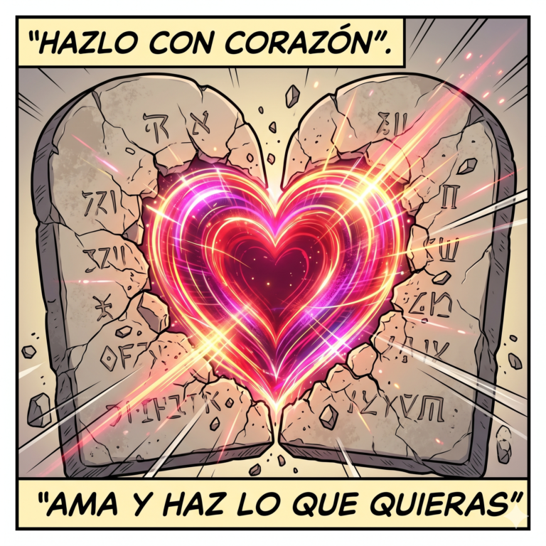 Ilustración estilo cómic moderno con contornos negros claros, definidos y colores vivos y brillantes. Dos antiguas tablas de piedra (simbolizando los 10 mandamientos) están en segundo plano, resquebrajándose ligeramente. Del centro de ellas emerge, rompiendo la piedra con fuerza, un enorme, brillante y muy moderno corazón de estilo holográfico o de energía vibrante (tonos rojos, rosas y dorados). Transmite la idea de una "actualización" tecnológica y espiritual, donde el amor (el corazón) supera y engloba la antigua ley (la piedra). Relación de aspecto: Cuadrada 1:1. Texto: Superior: "HAZLO CON CORAZÓN" Inferior: "AMA Y HAZ LO QUE QUIERAS"