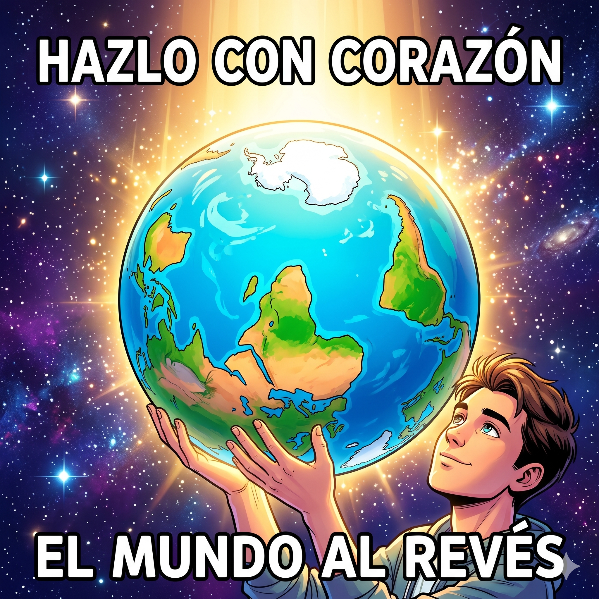 Ilustración estilo cómic moderno con contornos negros claros, definidos y colores vivos y brillantes. Un gran globo terráqueo (el planeta Tierra) literalmente dado la vuelta, con el polo sur apuntando hacia arriba. El mundo está sostenido con delicadeza por las manos de un joven. De la parte superior de este mundo invertido emana una luz radiante, cálida y dorada que ilumina toda la escena, transmitiendo la idea de cambiar de perspectiva y encontrar la felicidad en una lógica diferente. El fondo tiene un tono azul oscuro o morado que hace resaltar la luz. Relación de aspecto: Cuadrada 1:1. Texto: Superior: "HAZLO CON CORAZÓN" Inferior: "EL MUNDO AL REVÉS"