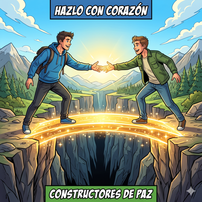 Ilustración estilo cómic moderno con contornos negros claros, definidos y colores vivos y brillantes. En el centro de la imagen hay un abismo o barranco profundo. Dos jóvenes están a cada lado del abismo. Entre ellos, uniendo ambos extremos, hay un puente brillante y sólido hecho de pura luz dorada y cálida. Uno de los jóvenes está extendiendo la mano hacia el otro con una actitud acogedora. Transmite la idea de ser constructores de paz y crear conexiones en medio de la división. Relación de aspecto: Cuadrada 1:1. Texto: Superior: "HAZLO CON CORAZÓN" Inferior: "CONSTRUCTORES DE PAZ"