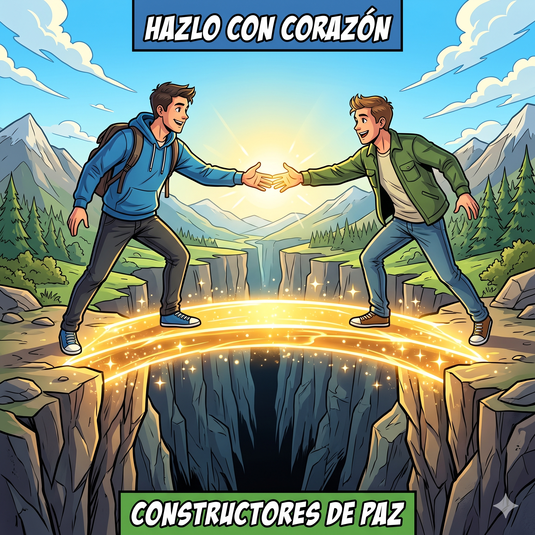 Ilustración estilo cómic moderno con contornos negros claros, definidos y colores vivos y brillantes. En el centro de la imagen hay un abismo o barranco profundo. Dos jóvenes están a cada lado del abismo. Entre ellos, uniendo ambos extremos, hay un puente brillante y sólido hecho de pura luz dorada y cálida. Uno de los jóvenes está extendiendo la mano hacia el otro con una actitud acogedora. Transmite la idea de ser constructores de paz y crear conexiones en medio de la división. Relación de aspecto: Cuadrada 1:1. Texto: Superior: "HAZLO CON CORAZÓN" Inferior: "CONSTRUCTORES DE PAZ"