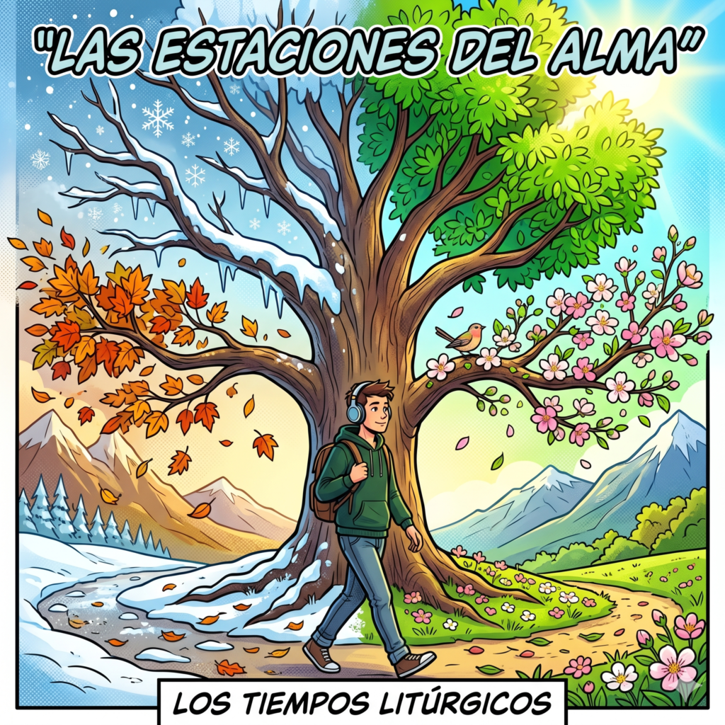 Ilustración de estilo cómic moderno, con contornos negros claros, definidos y colores vivos y brillantes. La imagen muestra un árbol grande dividido visualmente en cuatro estaciones (una rama con nieve, otra con hojas otoñales cayendo, otra con flores de primavera y otra verde y radiante de verano). Debajo del árbol, un chico joven con auriculares grandes (estilo podcaster) está caminando tranquilo, ajustando el paso al ritmo de la naturaleza. Transmite la idea de ciclos, movimiento y crecimiento personal. Relación de aspecto: Cuadrada 1:1. Texto: 1. Superior: "LAS ESTACIONES DEL ALMA" 2. Inferior: "INTRODUCCIÓN"