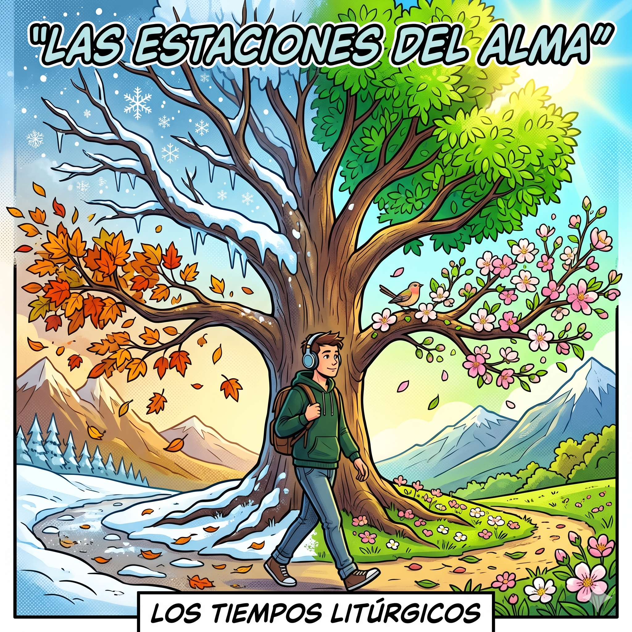 Ilustración de estilo cómic moderno, con contornos negros claros, definidos y colores vivos y brillantes. La imagen muestra un árbol grande dividido visualmente en cuatro estaciones (una rama con nieve, otra con hojas otoñales cayendo, otra con flores de primavera y otra verde y radiante de verano). Debajo del árbol, un chico joven con auriculares grandes (estilo podcaster) está caminando tranquilo, ajustando el paso al ritmo de la naturaleza. Transmite la idea de ciclos, movimiento y crecimiento personal. Relación de aspecto: Cuadrada 1:1. Texto: 1. Superior: "LAS ESTACIONES DEL ALMA" 2. Inferior: "INTRODUCCIÓN"